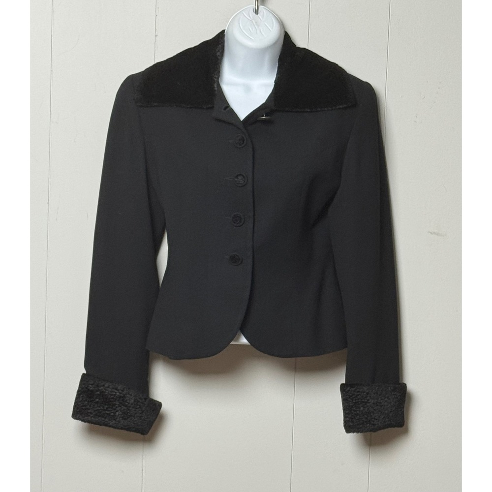 Bebe Vintage 100% Wool Blazer Faux Fur Collar Cuffs Black Tailored Jacket Size 4